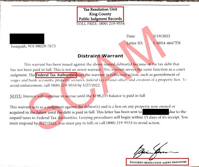 SCAM - King County Tax Resolution Unit - Public Judgement Records - Distraint Warrant